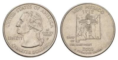 США 25 центов (квотер, 1/4 доллара) 2008 P, Квотер штата Нью-Мексико KM 422 медь плакированный медно-никелем UNC 4629-147