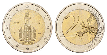 Германия 2 евро 2015 D, Федеральные земли Германии - Церковь Св. Павла во Франкфурт-на-Майне, Гессен KM 336 биметалл UNC 4693-1244