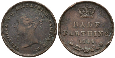 Великобритания 1/2 фартинга 1844 Виктория (1837-1901) KM 738, Spink 3951 медь 4596-1052
