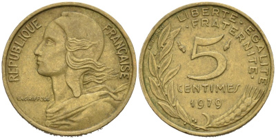 ФРАНЦИЯ 5 САНТИМОВ 1979 ТИП MORLON КМ 933, LE FRANC 125.15 медь алюминий никель 4564-1263