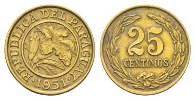 Парагвай 25 сентимо 1951 KM 23 алюминиевая бронза 4127-1532
