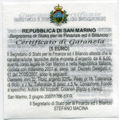 Сан-Марино 5 евро 2007 дирижер Артуро Тосканини, в оригинальной коробке, с сертификатом KM 474 серебро PROOF 4-5-1-14