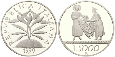 Италия 5000 лир 1999 R, Миллениум - Солидарность KM 197 серебро PROOF 1530-112