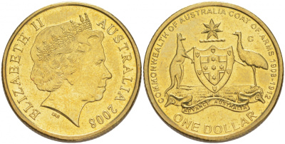 Австралия 1 доллар 2008 100 лет первому гербу Австралии KM 1047 алюминиевая бронза UNC M26-08