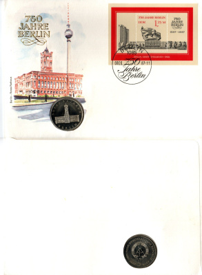 ГДР 5 марок 1987 750 лет Берлину, Красная Ратуша, в конверте с маркой (КПД - Конверт первого дня Гашения) KM 115 медь цинк никель UNC 9000-07