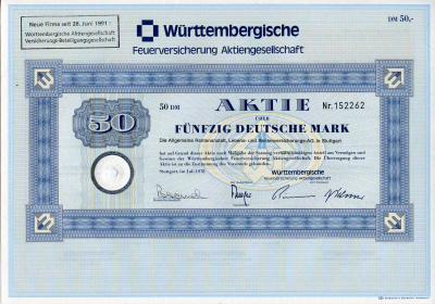 ФРГ 50 марок 1978 Акционерное общество по страхованию от пожаров Вюртемберга, акция   бумага   8803-90-1