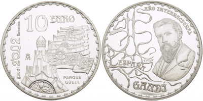 Испания 10 евро 2002 150 лет со дня рождения Антонио Гауди, Парк Гуэль KM 1084 серебро PROOF 11-086-44