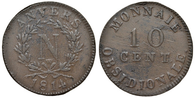 Французская осада Антверпена (Нидерланды) 10 сантимов 1814 монограмма Наполеона KM 5.4 медь 503-613