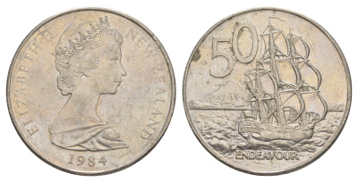 Новая Зеландия 50 центов 1984 Елизавета II (1952-2022), парусник Индевор KM 37.2 медно-никель 4384-842