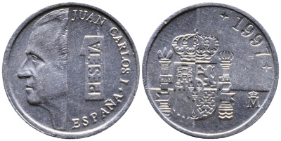 ИСПАНИЯ 1 ПЕСЕТА 1997 ХУАН КАРЛОС I (1975-) KM 832 алюминий 54-954
