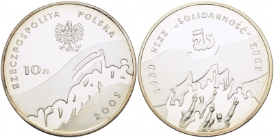 Польша 10 злотых 2005 MW, 25 лет независимому профсоюзу "Солидарность" KM 567 серебро PROOF 1087-4-42