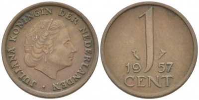 Нидерланды 1 цент 1957 Юлиана (1949-1980) KM 180 бронза 3955-242