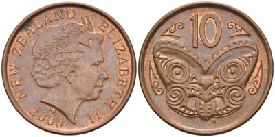 Новая Зеландия 10 центов 2006 Елизавета II (1952-2022), маска маори KM 117а сталь плакированная медью 108-1245