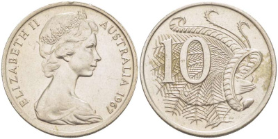 Австралия 10 центов 1967 Елизавета II (1952-), птица лирахвост KM 65 медно-никель 4521-213