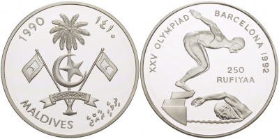 Мальдивские острова 250 руфий 1990 XXV Олимпийские игры в Барселоне 1992 года, плавание KM 85 серебро PROOF 04-313-45