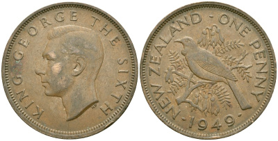 Новая Зеландия 1 пенни 1949 Георг VI (1936-1952), новозеландский туи KM 21 бронза 4364-4216