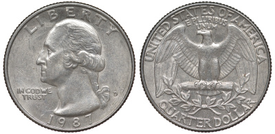 США 25 центов = квотер 1987 D, Вашингтон KM A164a медь плакированная медно-никелем 4543-927