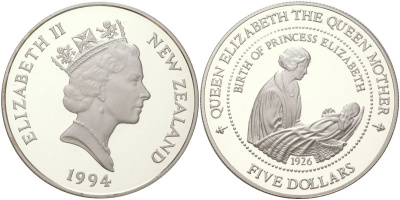 Новая Зеландия 5 долларов 1994 94 года со дня рождения Королевы-матери KM 91 серебро PROOF 01-233-35