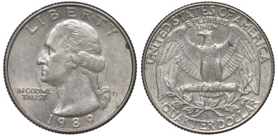 США 25 центов = квотер 1989 D, Вашингтон KM A164a медь плакированная медно-никелем 4543-334