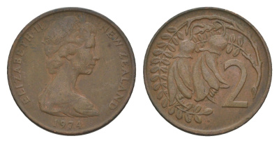 Новая Зеландия 2 цента 1974 Елизавета II (1952-2022), два цветка кохаи KM 32.1 бронза 4655-1144