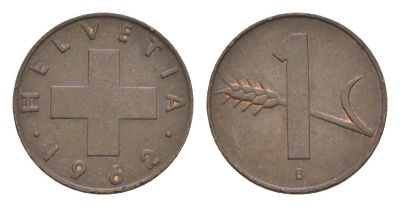 Швейцария 1 раппен 1962 B KM 46 бронза 3458-142