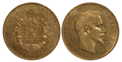Франция 100 франков 1857 A, Наполеон KM 786.1 золото 00-000-00