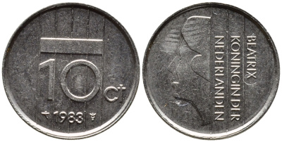 НИДЕРЛАНДЫ 10 ЦЕНТОВ 1983 БЕАТРИКС KM 203 никель 4392-431
