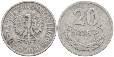 ПОЛЬША 20 ГРОШЕЙ 1969 MW KM A47 алюминий VF 188-332