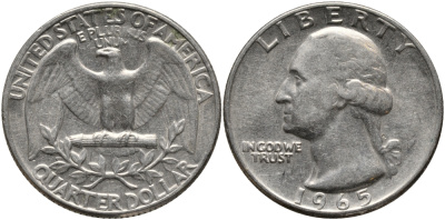 США 25 центов (квотер) 1965 Вашингтон KM 164a медь плакированная медно-никелем 4390-913