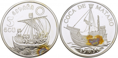 Испания 5 экю 1996 Coca de Mataro, ког из Матаро, парусник серебро PROOF 11-162-42