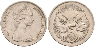 Австралия 5 центов 1966 ЕХИДНА KM 64 медно-никель 190-817