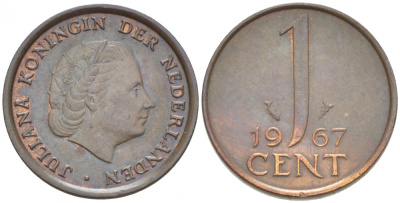 НИДЕРЛАНДЫ 1 ЦЕНТ 1967 ЮЛИАНА KM 180 бронза 3457-1029