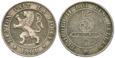 Бельгия 5 сантимов 1901 DES BELGES, Леопольд II (1865-1909) KM 40 медно-никель 4044-323