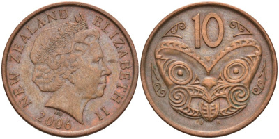 Новая Зеландия 10 центов 2006 Елизавета II (1952-2022), маска маори KM 117а сталь плакированная медью 106-1216