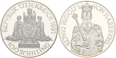 Австрия 100 шиллингов 1991 Рудольф I, в коробке, с сертификатом подлинности KM 3001 серебро PROOF 3-4-4-01