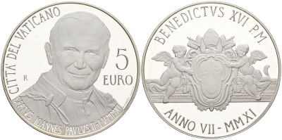 Ватикан 5 евро 2011 Бенедикт XVI, беатификация Папы Римского Иоанна Павла II, в оригинальной коробке, с сертификатом KM 429 серебро  PROOF  7-1-1-25