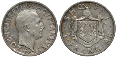 Албания 1 франга ари 1935 R, Ахмет Зогу I (1928-1939) KM 16 серебро 1526-1221