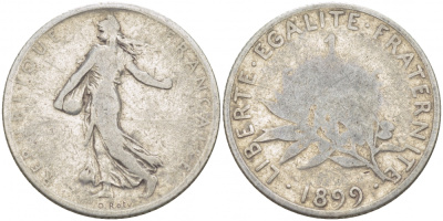 ФРАНЦИЯ 1 ФРАНК 1899 СЕЯТЕЛЬ KM 844.1, LE FRANC 217.3 серебро 4402-1022