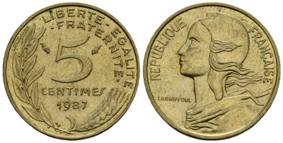 Франция 5 сантимов 1987 тип Marianne KM 933 алюминиевая бронза 4136-447
