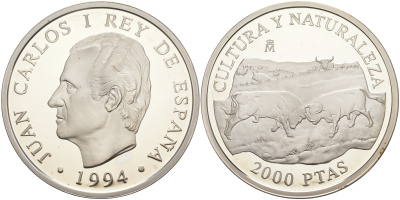 Испания 2000 песет 1994 серия культура и природа, битва быков KM 941 серебро PROOF 1072-8-62