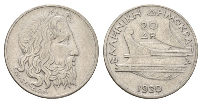 Греция 20 драхм 1930 Посейдон, год-тип KM 73 серебро 5010-324