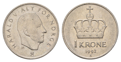 Норвегия 1 крона 1992 Харальд V (1991-) KM 436 медно-никель 190-1016