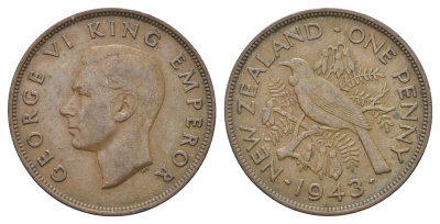 Новая Зеландия 1 пенни 1943 Георг VI (1936-1952), новозеландский туи KM 13 бронза  4403-1223