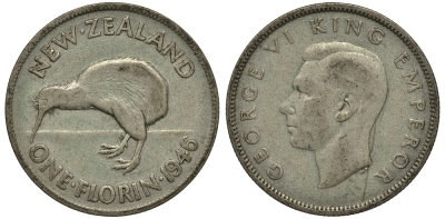 Новая Зеландия 1 флорин 1946 Георг VI (1936-1952), птичка киви KM 10.1 серебро 272-1632