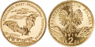 Польша 2 злотых 2010 MW, серия всемирная природа, подковоносная летучая мышь KM 723 нордик UNC 4448-1054