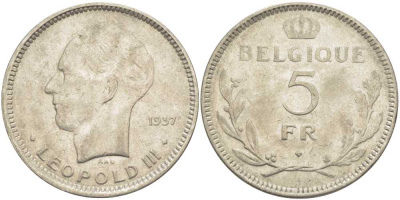 Бельгия 5 франков 1937 Леопольд III (1934-1951), Belgique KM 118 никель 3851-512
