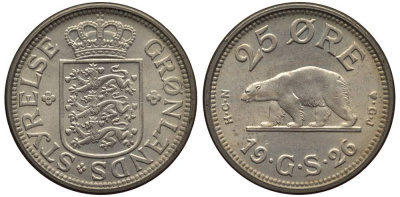 Гренландия 25 эре 1926 NCN; CJ, медведь, датская колония, Кристиан X (1912-1947) KM 5 медно-никель 186-1053