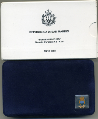 Сан-Марино набор 5 евро + 10 евро 2002 добро пожаловать евро, в оригинальной коробке, с сертификатом KM 448, 449 серебро PROOF 7-1-66