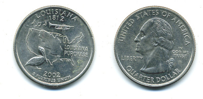 США 25 центов = квотер 2002 D, серия штаты США, Луизиана KM 333 медь плакированная медно-никелем 4388-831