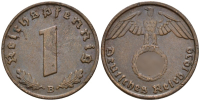 Германия 1 рейхспфенниг 1939 B KM 89, J. 361 бронза 4147-1168